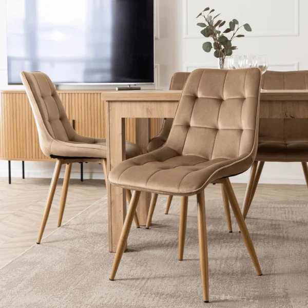set-masa-skubi-120-160-cm-stejar-artizanal-si-4-scaune-rodri-bej-4 Set masă SKUBI 120-160 cm stejar artizanal și 4 scaune RODRI bej — MOBILA