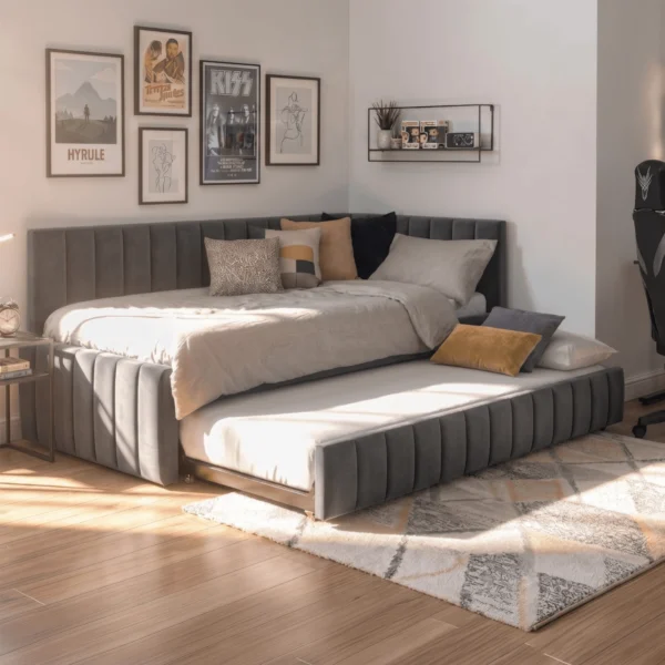 Pat 120x200 VILLEMO, gri, din velur — MOBILA