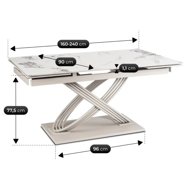 Masă IBIZA din ceramică, extensibilă, 160-240 cm, marmură albă/cașmir — Mese