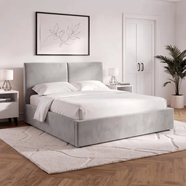 Pat 120x200 MARSYLIA cu spațiu de depozitare, gri, din catifea — MOBILA