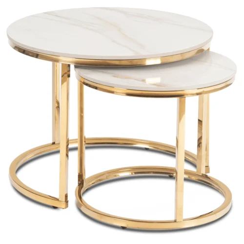 Set de măsuțe din ceramică MILANO 45 cm/60 cm, marmură albă/auriu — Măsuțe și banchete
