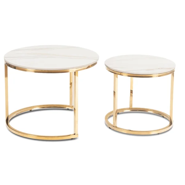 Set de măsuțe din ceramică MILANO 45 cm/60 cm, marmură albă/auriu — Măsuțe și banchete