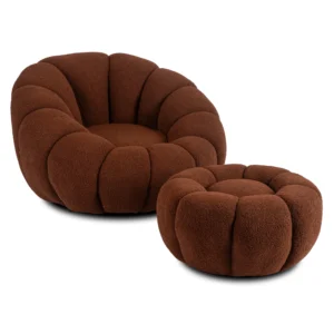 Fotoliu rotativ de relaxare PETTIT cu puf, maro, din țesătură bouclé