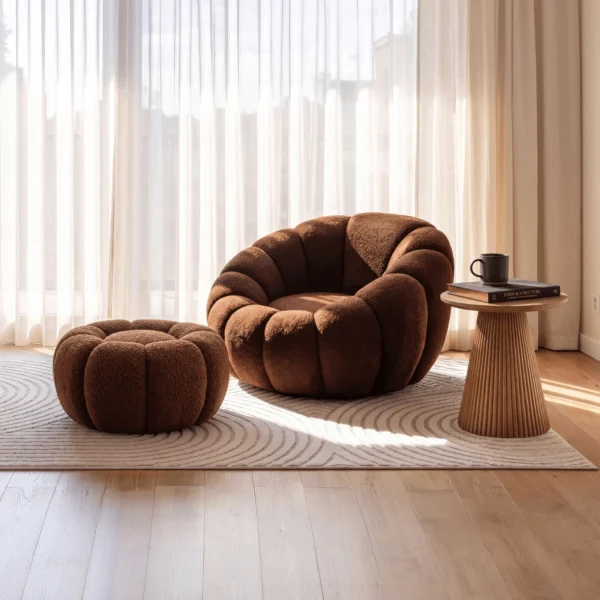 fotoliu-rotativ-de-relaxare-pettit-cu-puf-maro-din-tesatura-boucle-2 Fotoliu rotativ de relaxare PETTIT cu puf, maro, din țesătură bouclé — Fotolii cu taburet