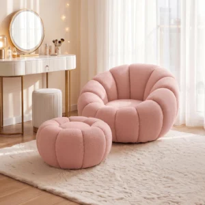 fotoliu-rotativ-de-relaxare-pettit-cu-puf-roz-din-tesatura-boucle-2 Fotoliu rotativ de relaxare PETTIT cu puf, roz, din țesătură bouclé — Fotolii cu taburet