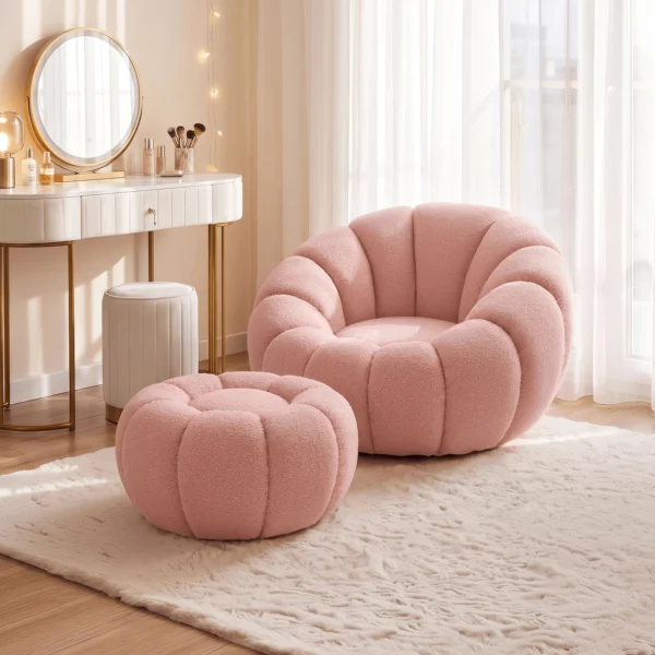 fotoliu-rotativ-de-relaxare-pettit-cu-puf-roz-din-tesatura-boucle-2 Fotoliu rotativ de relaxare PETTIT cu puf, roz, din țesătură bouclé — Fotolii cu taburet