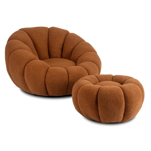 fotoliu-rotativ-de-relaxare-pettit-cu-puf-ruginiu-din-boucle-1 Fotoliu rotativ de relaxare PETTIT cu puf ruginiu, din bouclé — Fotolii cu taburet