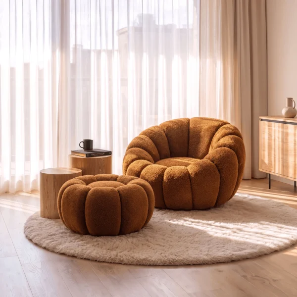 fotoliu-rotativ-de-relaxare-pettit-cu-puf-ruginiu-din-boucle-2 Fotoliu rotativ de relaxare PETTIT cu puf ruginiu, din bouclé — Fotolii cu taburet